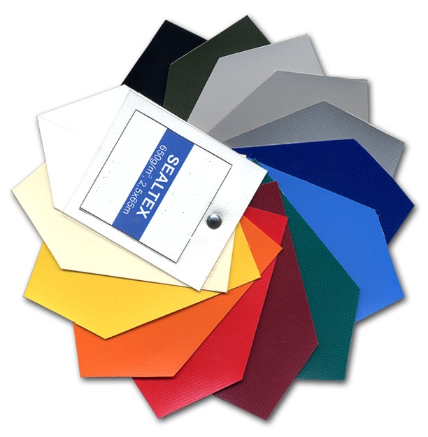 Ткань ПВХ (окантовка) 650 гр/м. Цвета: темно-коричневый, белый, светло-серый, светло-желтый, красно-коричневый (бордо), черный 